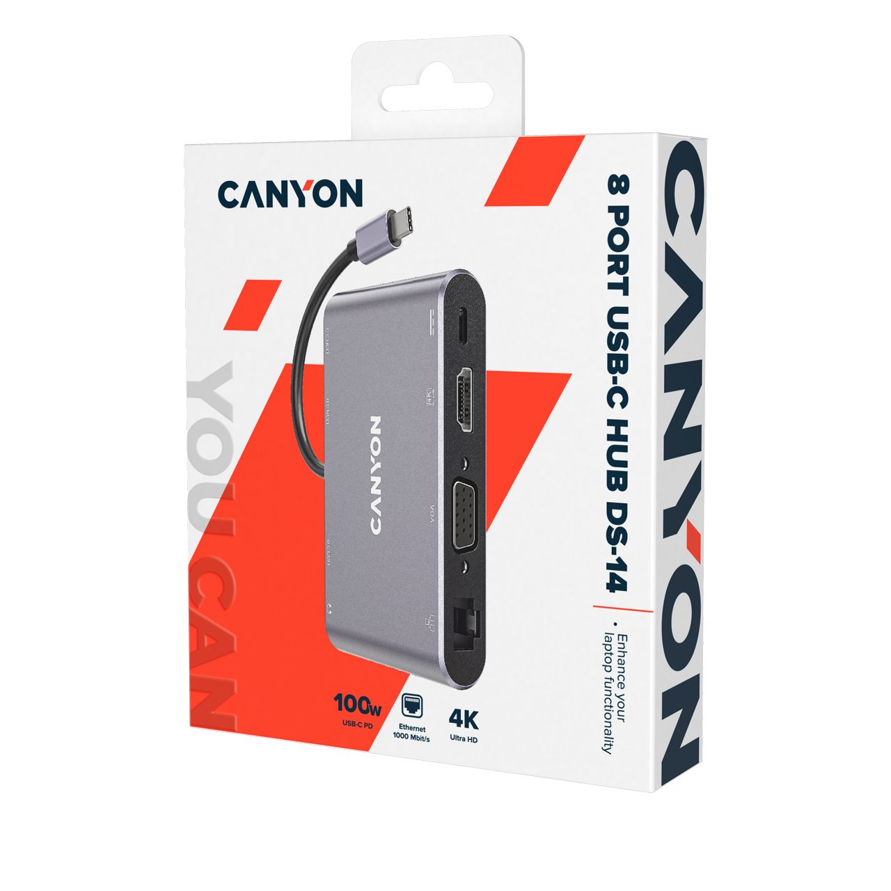 CANYON  8 in 1 USB C hub, with 1*HDMI: 4K*30Hz, 1*VGA, 1*Type-C PD charging port, Max 100W PD input. 3*USB3.0,transfer speed up to 5Gbps. 1*Glgabit Ethernet, 1*3.5mm audio jack, cable 15cm, Aluminum alloy housing,95*55*17.6 mm, 107g, Dark grey_2