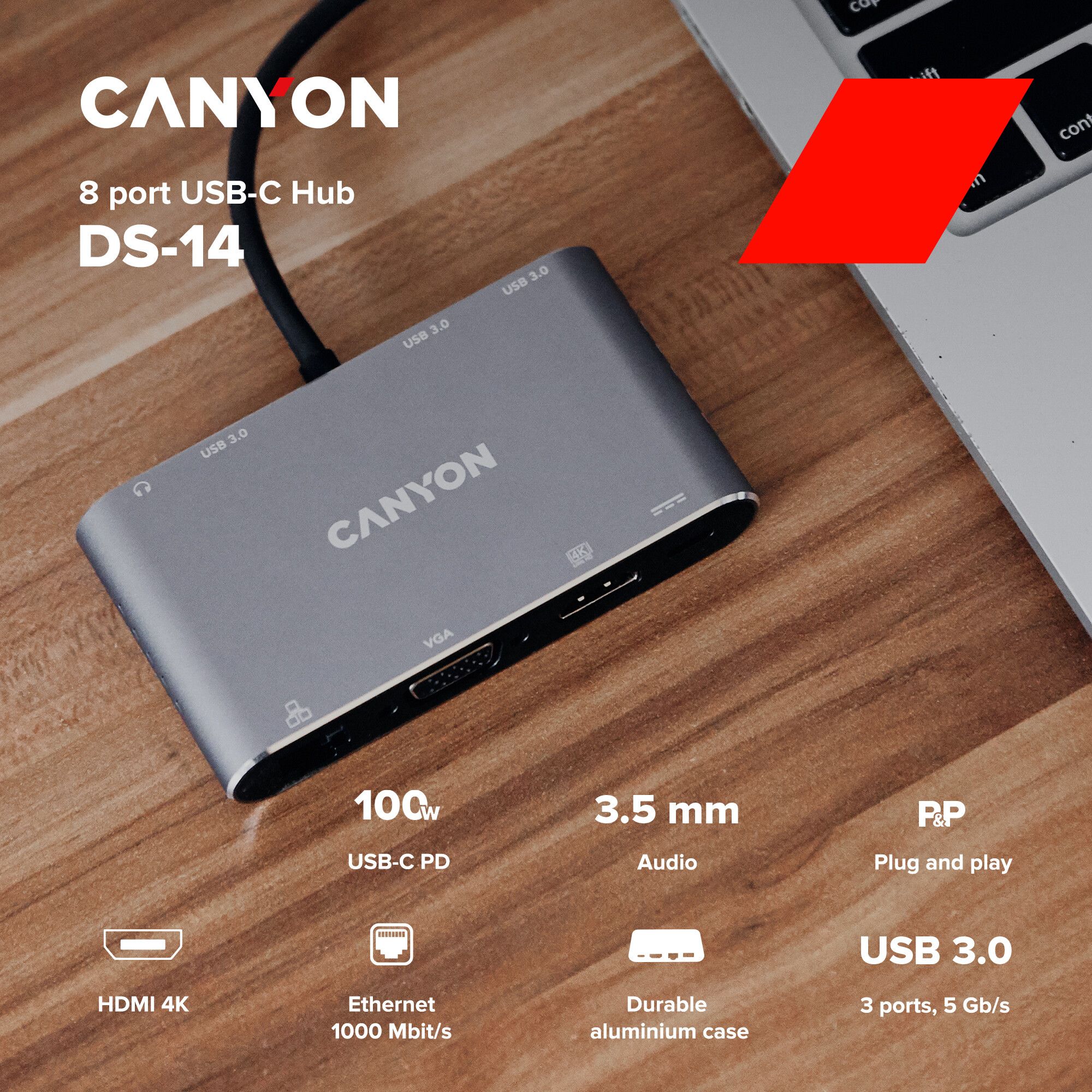 CANYON  8 in 1 USB C hub, with 1*HDMI: 4K*30Hz, 1*VGA, 1*Type-C PD charging port, Max 100W PD input. 3*USB3.0,transfer speed up to 5Gbps. 1*Glgabit Ethernet, 1*3.5mm audio jack, cable 15cm, Aluminum alloy housing,95*55*17.6 mm, 107g, Dark grey_3