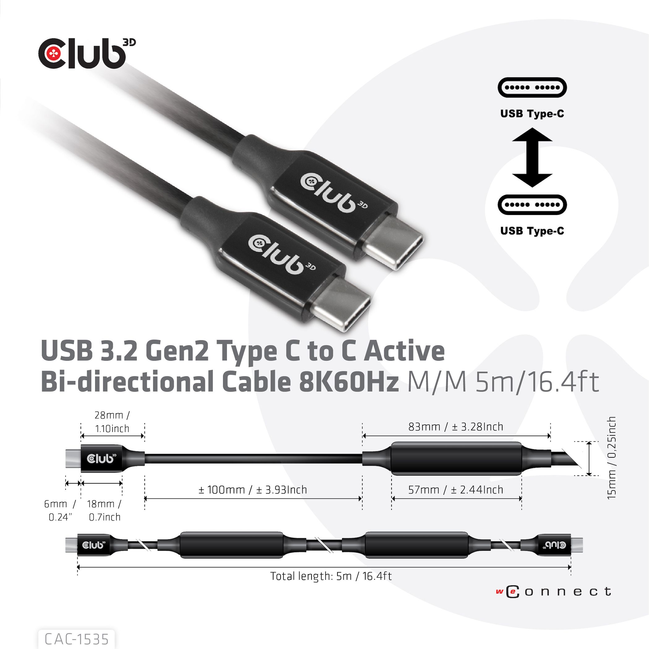 CLUB3D USB 3.2 Gen2 Type C to C Active Bi-directional Cable 8K60Hz M/M 5m/16.4ft_1