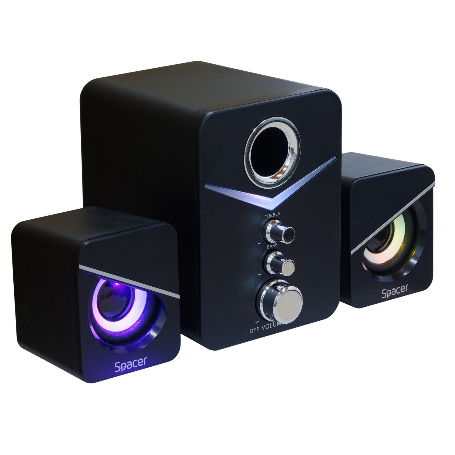 BOXE SPACER Gaming 2.1, RMS: 14W (2 x 3W + 8W), bluetooth telecomanda wireless, control volum, bass, subwoofer lemn MDF, 220V alimentare, 17 x LED, USB/SD/AUX, black,  SPGS-HURRICANE-BT    (include TV 3.5lei)