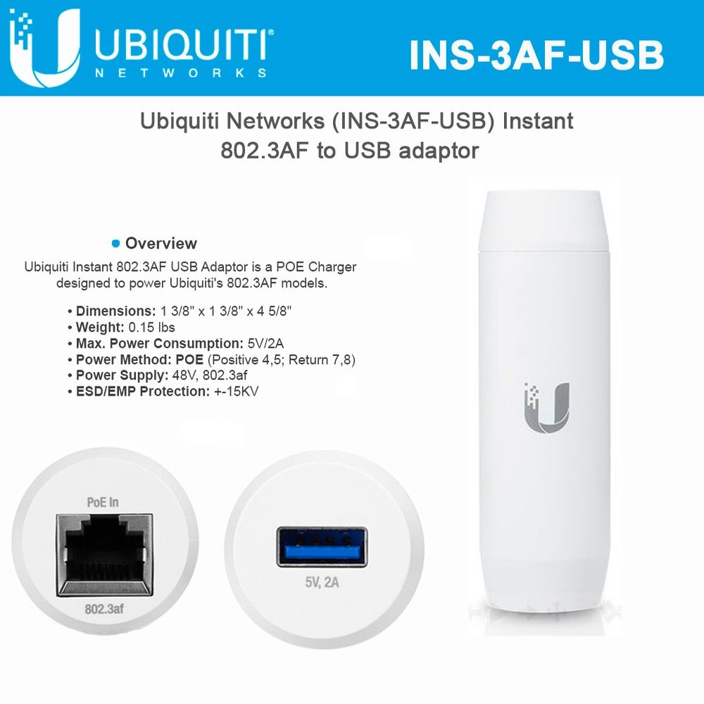 UBIQUITI INS-3AF-USB Ubiquiti Instant 802.3AF to USB Type A adaptor (In: 48V, 802.3af, Out: 5V/2A)_1