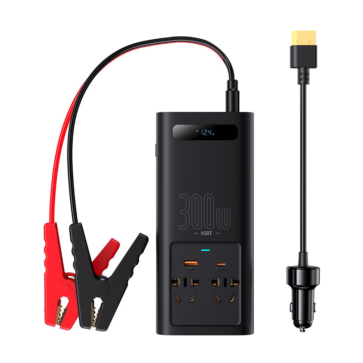 INVERTOR ELECTRIC auto Baseus, IGBT, 2 x AC, 1 x USB Type-C, 1 x USB, 300W 220V, conectare auto 12V, negru 