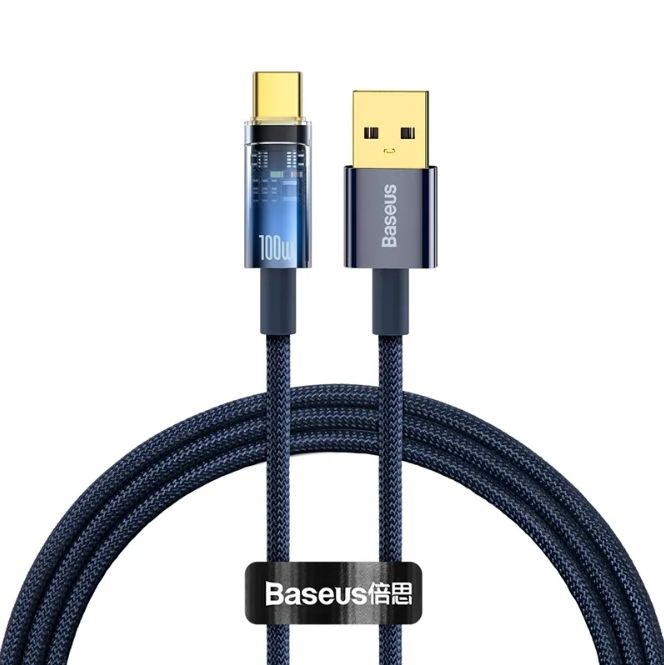 CABLU alimentare si date Baseus Explorer, Fast Charging Data Cable pt. smartphone, USB la USB Type-C 100W, 2m, Auto Power-Off, negru transparent 