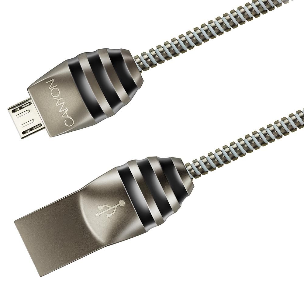 CANYON UM-5 Micro USB 2.0 standard cable, Power & Data output, 5V 2A, OD 3.5mm, metallic Jacket, 1m, gun color, 0.04kg_1