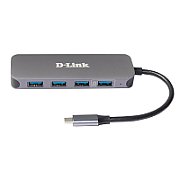 HUB extern D-LINK, porturi 3 x SuperSpeed USB 3.0, 1 x with Quick Charge, 1 x USB-C (Thunderbolt 3) port with data sync 60W, conectare prin USB Type C, cablu 10 cm, metalic, argintiu 