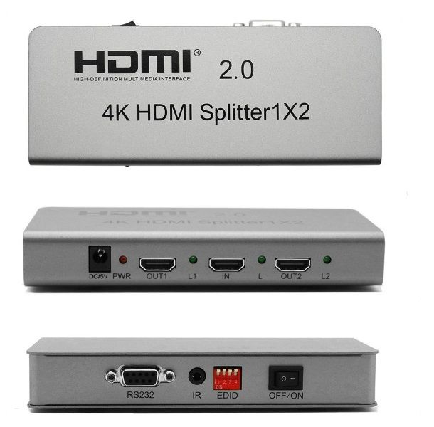Splitter (splitter, multiplier) HDMI 2.0 4K 1 input 2 outputs
- HDMI 2.0 version, HDCP 2.2
- 3D, CEC, DTS, Dolby-trueHD, DSD support
- IR extension, EDID management, RS232
- max. resolution 3840x2160/60Hz
- bit rate 6Gbps, TMDS 600MHz
- input distance for Full HD (1920x1080/60Hz) and 4K (3840x2160/60Hz) with HDMI cable 26AWG: max. 8m, output max. 8m
- 5V 1.5A power supply included

DIP EDID Switch Descriptionï¼š

DIP 1 2 3 4
  X000 ï¼šcopyoutput1EDIDonly
X001:EDIDMIX
X010:EDIDDownload(RS232)
X011:4KX2K30HZ
X100:4KX2K60HZ
X101:1080P3D2ch
X110:1080P2D2ch
X111:1080P2D5.1ch

1 is used for upgrades, 1 is upgrading mode, 0 is normal working mode (switch down is 1, otherwise is 0)

Packaging: box 1 set.