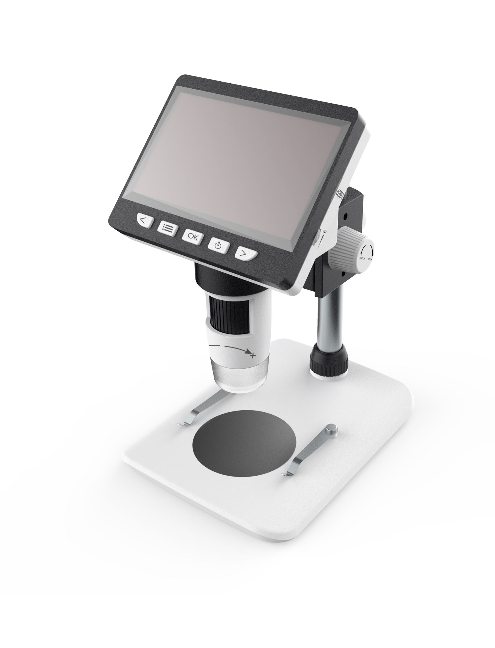 &quotDigital microscope with 4.3" color TFT screen
- 2.0 Mega Pixel CMOS sensor
- Image resolution: 1920x1080P, 1280x960P, 640x480P
- Focus distance: 0-40mm
- Button for image storage/digital zoom (2x)
- Magnification: 50-1000x
- Lighting: 8 white LEDs
- Image storage on micro TF card up to 32GB
- USB2.0 interface
- Data format: JPG/AVI

The package contains:
LCD Digital Microscope
Micro USB cable
cloth
Compatible operating systems:
Windows XP, Windows 7/8/10
Mac 10.5 or higher

Important:
- Requires Li-Ion 18650 battery for use (not included in the package)!
- Power supply with micro USB plug (not included in the package)!
Packaging: box 1 set"