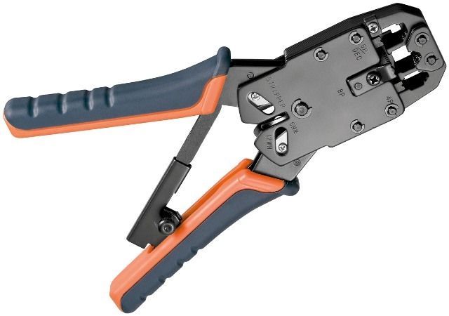Crimping pliers for RJ9, RJ10, RJ11, RJ12, RJ45 modular plugs including wire cutter
Packaging: blister 1 pc.