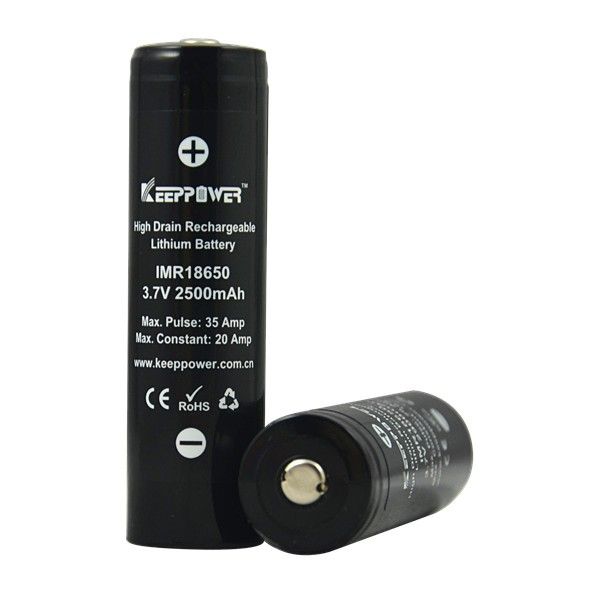 Li-ion 3.7V 2500mAh KeepPower 18650 battery, button top version
High discharge IMR18650 Li-ion NH1825
Typical capacity: 2500mAh
Normal voltage: 3.7V
Charging method: constant voltage with limited current
Standard charging current: 1250mA
Fast charging current: 4000mA
Maximum discharge current: 30A max. 10s
Constant discharge current: 20A
Full charge voltage of 4.2V and discharge of 2.5V
High charging and discharging currents reduce cycle life.
- dimensions: 66.5 x 18.3 mm
Packaging: bulk 1 pc
