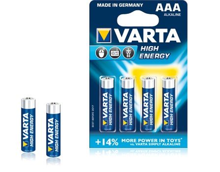 Micro alkaline battery (AAA, R03) 1.5V 4903 Varta High Energy
Packaging: blister 4 pcs.