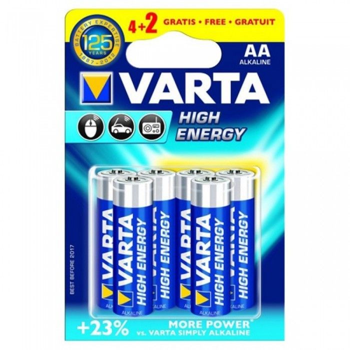 Alkaline battery Mignon (AA, R6) 1.5V 4906 Varta High Energy
Packaging: blister 6 pcs.