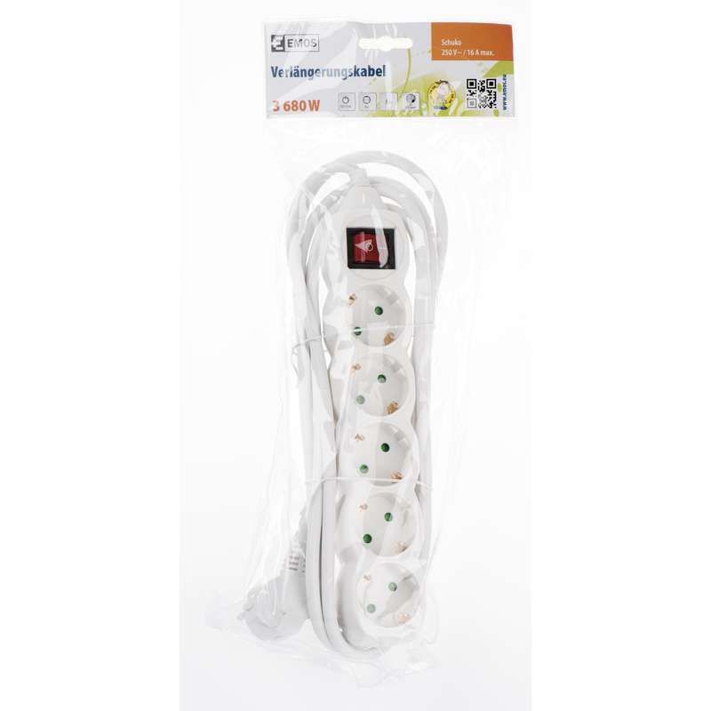 Extension 5m 5xSchuko, white, with switch
- protection for children
- max power: 3680W
- conductor: copper 1.5mm²
- approval: EC
Packing: bulk 1pc