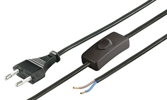 Power cable 2m Euro male to 2 wires with switch, black
- H03VVH2-F 0.75mm²
- max current 250V/2.5A
Packaging: bulk 1 pc.