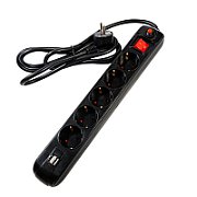 PRELUNGITOR SPACER, Schuko x 5, conectare prin Schuko (T), USB x 2, cablu 1.8 m, 16 A, max. 3500W, protectie supratensiune, negru, 