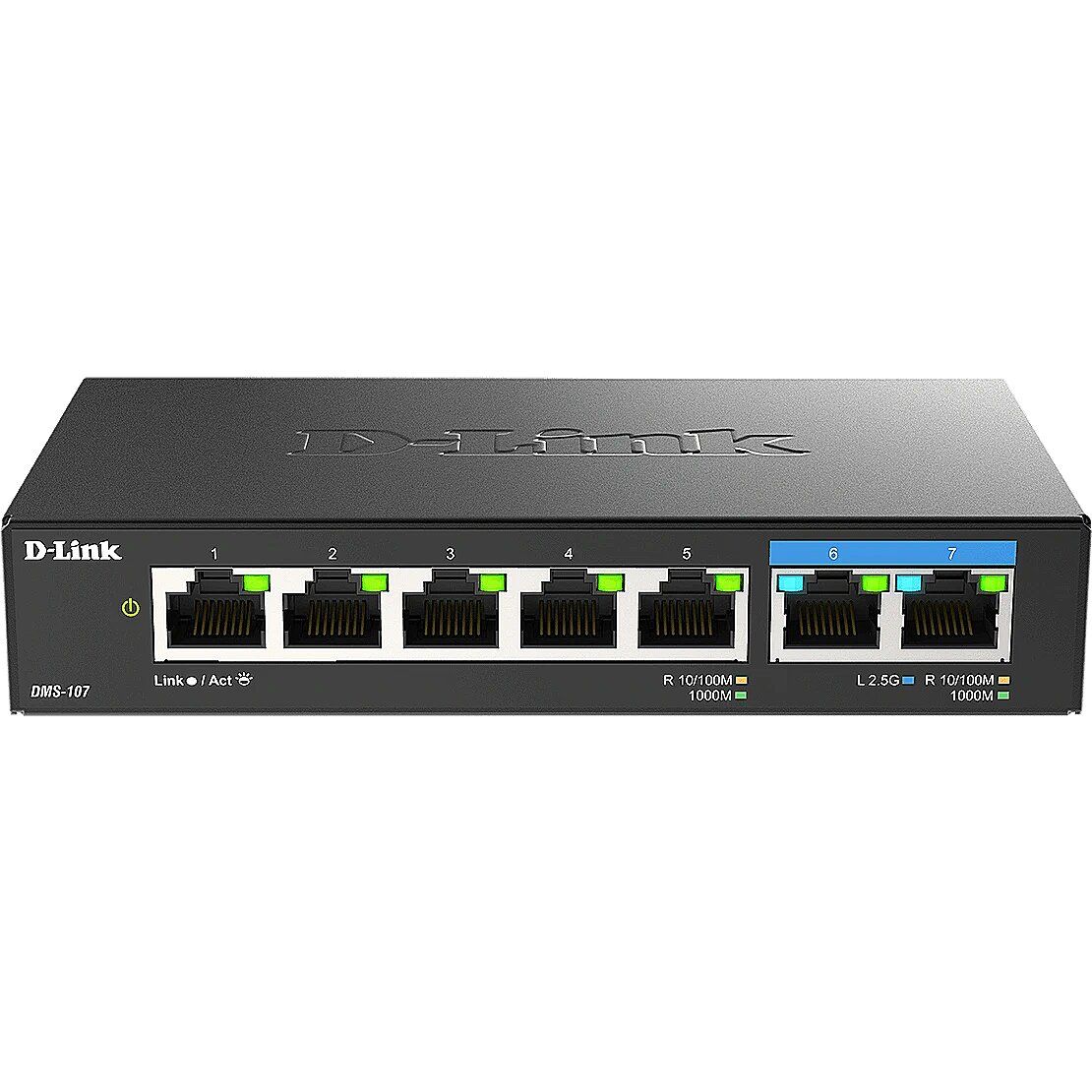 D-Link switch DMS-107, 7 porturi, Standarde si protocoale: IEEE 802.3 10BASE-T,  IEEE 802.3u 100BASE-TX,  IEEE 802.3ab 1000BASE-T,  IEEE 802.3bz 2.5GBASE-T5 porturi Gigabit, 2 porturi 2.5Gbps,  Capacitate 20 Gbps, fara ventilator, carcasa metal, dimensiuni: 145 x 82 x 28 mm, Greutate: 295.2 g, Auto_2