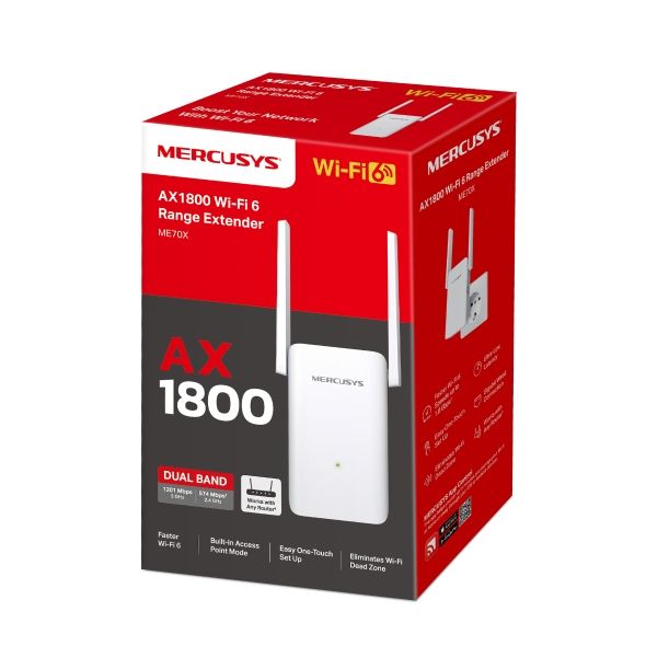 Mercusys Ax1800 Wi-Fi Range Extender ME70X; Dual-Band, Standarde Wireless: IEEE 802.11a/n/ac/ax 5GHz, IEEE 802.11b/g/n/ax 2.4GHz, Viteza wireless: 574 Mbps at 2.4GHz, 1201 Mbps at 5GHz, Interfata: 1 x Gigabit Ethernet Port, 2 x Antene externe, Consum: 13W, Dimensiuni:  138.6 × 100.3 × 68.4 mm._1