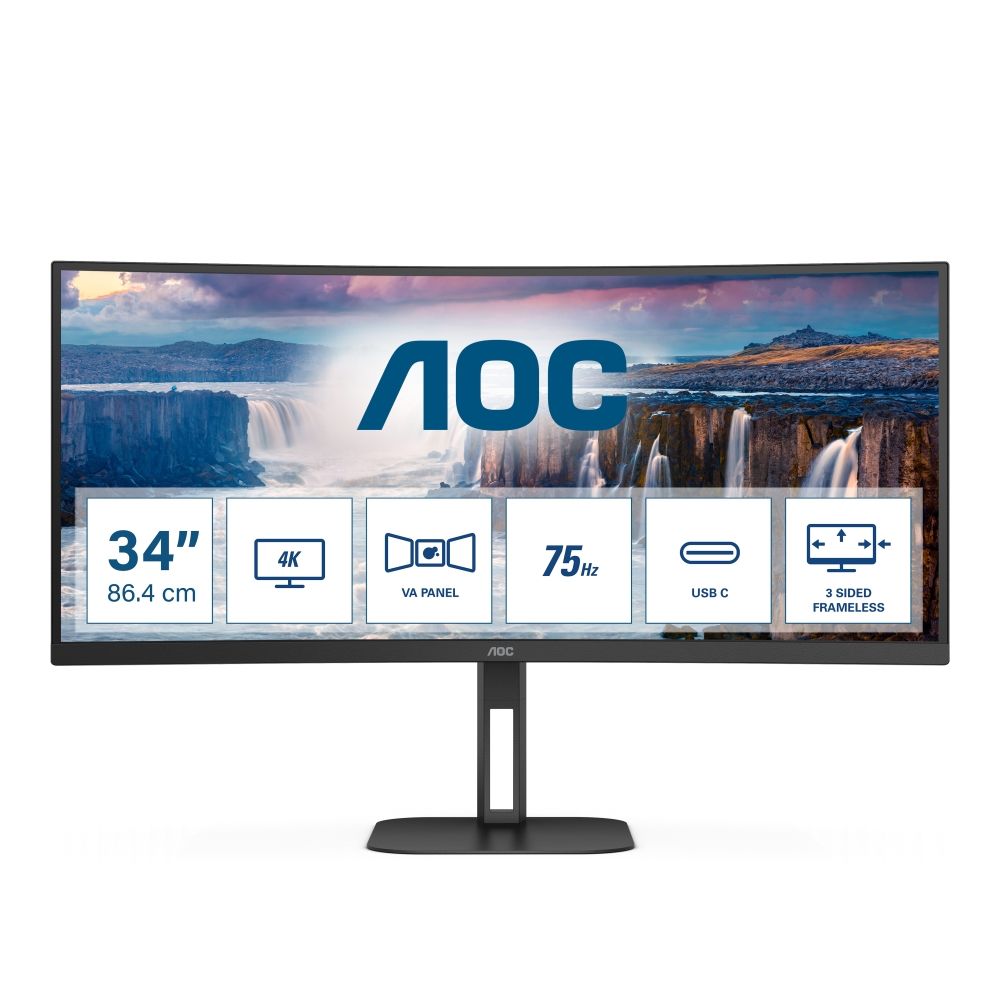MONITOR AOC CU34V5C/BK 34 inch, Panel Type: VA, Backlight: WLED, Curvature: 1500R, Resolution: 3440x1440, Aspect Ratio: 21:9,  Refresh Rate:100Hz, Response time GtG: 4 ms, Brightness: 300 cd/m², Contrast (static): 3000:1, Contrast (dynamic): 20M:1, Viewing angle: 178/178, Colours: 16.7M, 5Wx2_1