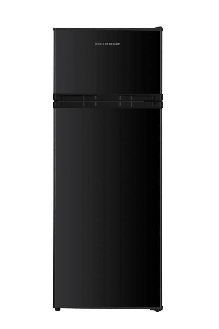 Frigider cu 2 usi Heinner HF-H2206BKE++, clasa energetica: E, capacitate totala: 206 L, capacitate frigider: 169 L, capacitate congelator: 37 L, control mecanic cu termostat ajustabil, lumina LED, 3 rafturi sticla frigider, compartiment pentru fructe si legume, usi reversibile, suport oua_1