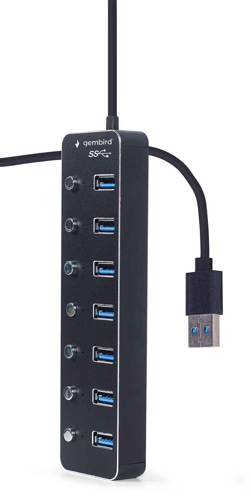HUB extern GEMBIRD, porturi USB: USB 3.1 x 7, conectare prin USB, cu on/off, cablu 0,24 m, negru, 