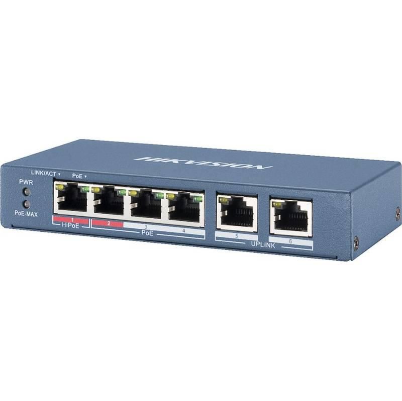 Switch 4 porturi PoE Hikvision DS-3E1106HP-EI 4 × 100 Mbps PoE RJ45 ports, 2 × 100 Mbps network RJ45 ports,IEEE 802.3at/af/bt standard for PoE ports,6 KV surge protection,AF/AT camera can reach up to 300 m in extend mode,Switching Capacity 1.2 Gbps, Packet Forwarding Rate 0.8928 Mpps,PoE Power_1