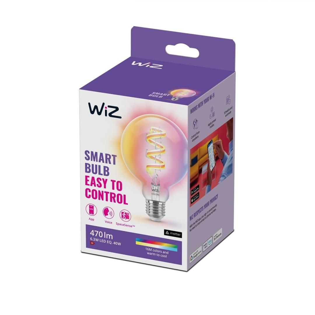 Bec LED RGB inteligent WiZ Connected Filament Clear G95, Wi-Fi, E27, 6.3W (40W), 470 lm, lumina alba si color (2200-6500K), compatibil Google Assistant/Alexa/Siri_1