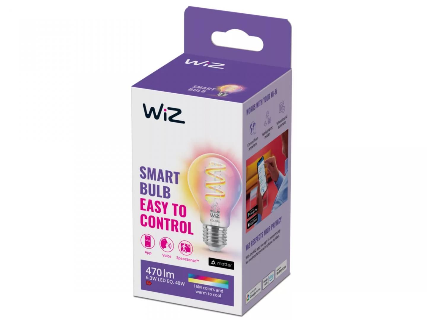 Bec LED RGB inteligent WiZ Connected Filament Clear A60, Wi-Fi, E27, 6.3W (40W), 470 lm, lumina alba si color (2200-6500K), compatibil Google Assistant/Alexa/Siri_2
