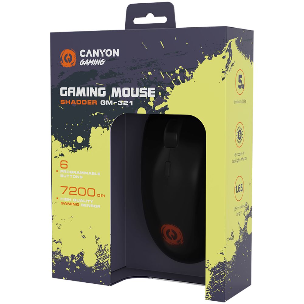 CANYON Shadder GM-321, Optical gaming mouse, Instant 725F, ABS material, huanuo 5 million cycle switch, 1.65M braided cable with magnet ring, weight: 100g, Size: 126*63.4*39.7mm, Black_2