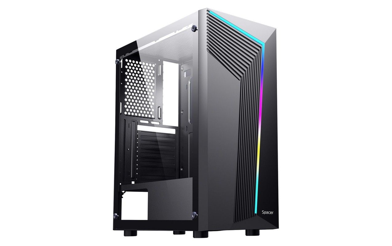 CARCASA  SPACER - gaming, Middle Tower, ATX,  WARRIOR , fara sursa, sticla securizata, USB 2.0 x 2, USB 3.0 x 1, HD Audio x 2, PSU shroud, banda LED RGB,  black  SPCS-GC-WARRIOR 