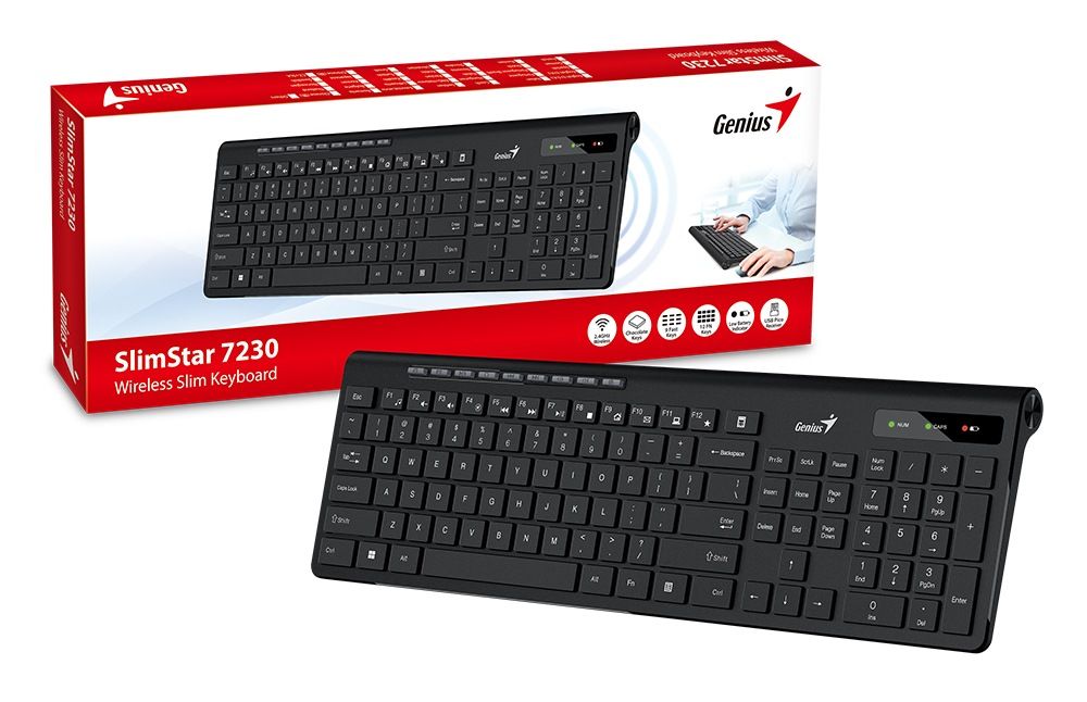 TASTATURA GENIUS wireless, multimedia, 104 taste + 12 taste multimedia, design ergonomic, USB, negru,  SlimStar 7230   31310021400   (timbru verde 0.8 lei)