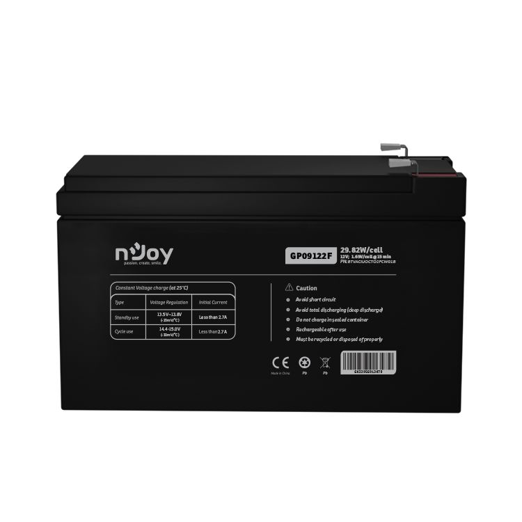 ACUMULATOR NJOY GP09122F 12V Tip VRLA AGM Terminale F2 Durata teoretica de viata in mod asteptare pana la 5 ani Cycle Use 14.4V-15.0V (-30mV/C), max. Current: 2.7A Float Use 13.5-13.8V (-20 mV/C) https://www.njoy.global/product/gp09122f?el=resources_1