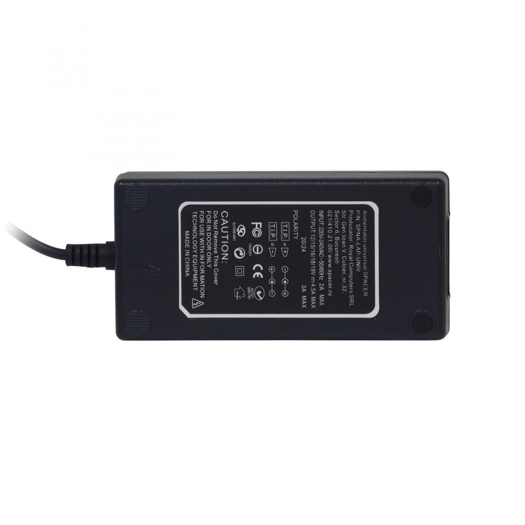 ALIMENTATOR Notebook Universal AC-DC, SPACER, 90W comutare automata tensiune - compatibil cu majoritatea NB, 12 tipuri de mufe, DC15/16/19/19.5/20V, 