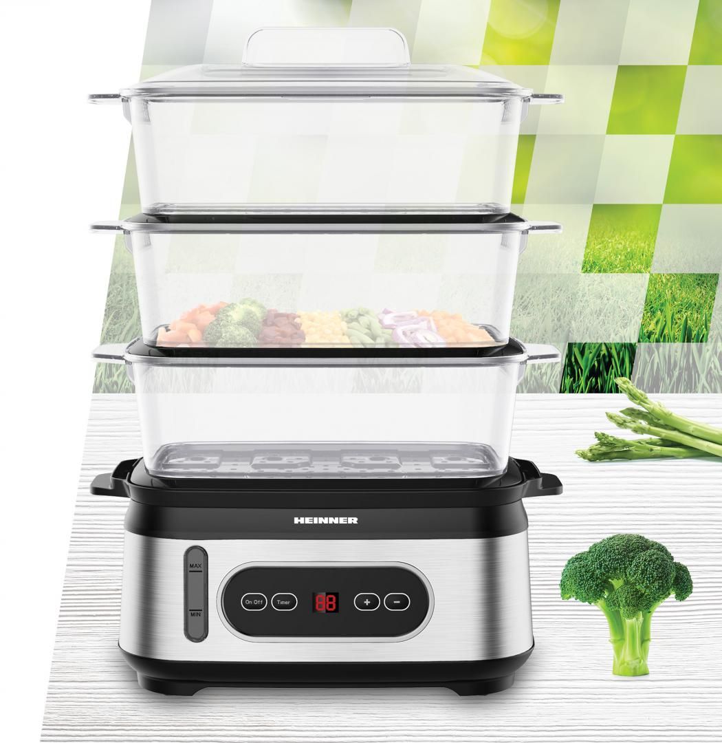 Steamer Heinner OneSteam HSA-D950SS, display LED, trei vase pentru gatire BPA free, capacitate totala gatire: 9L, capacitate rezervor apa: 1.5L, temporizator 60 min, indicator luminos, protectie impotriva functionarii fara apa, spatiu depozitare cablu alimentare, putere: 800- 950W_1