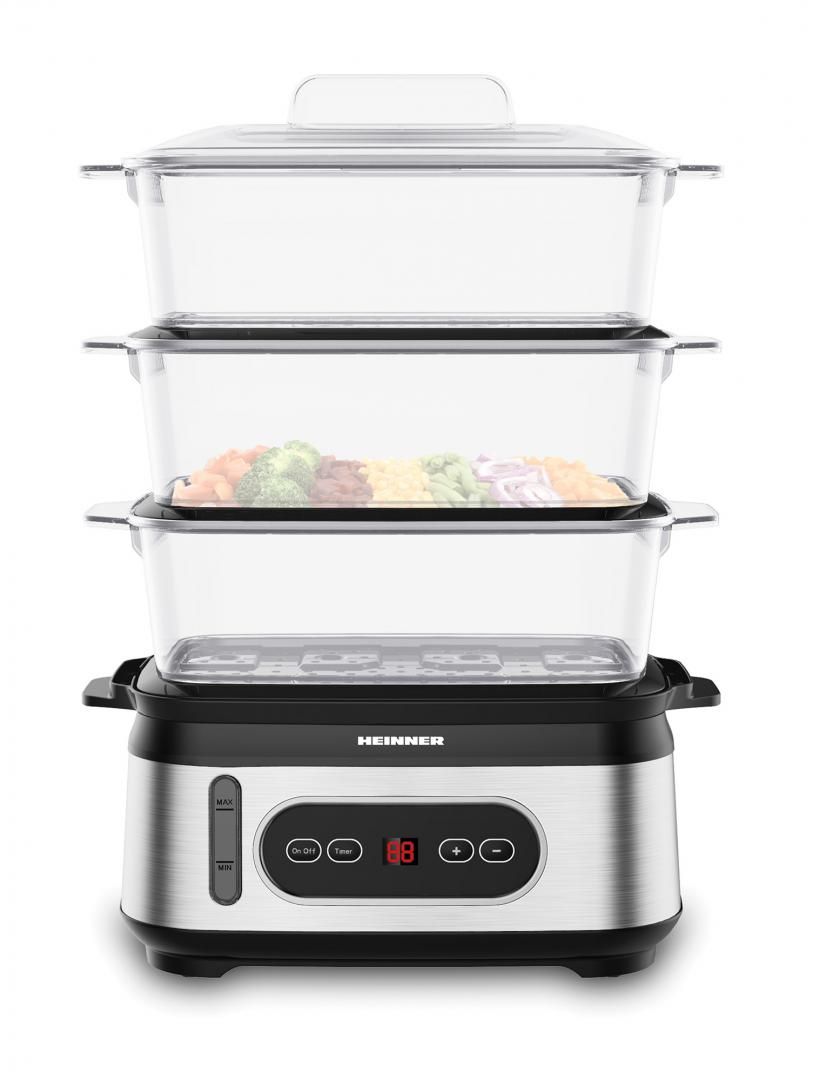 Steamer Heinner OneSteam HSA-D950SS, display LED, trei vase pentru gatire BPA free, capacitate totala gatire: 9L, capacitate rezervor apa: 1.5L, temporizator 60 min, indicator luminos, protectie impotriva functionarii fara apa, spatiu depozitare cablu alimentare, putere: 800- 950W_3