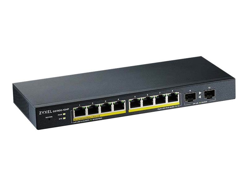 ZYXEL GS1900-10HP v2 8-port GbE L2 PoE Smart Switch + 2 SFP slots 802.3at desktop fanless 70 Watt_1