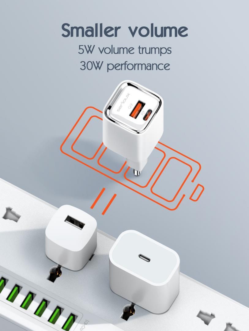 Incarcator retea Serioux,Intrare AC100-240V~ 50/60Hz 0.7A Max,PD Ieșire: 5V-3A, 9V-3A, 12V-2.5A, 15V 2A, 20V=1.5A (30W), QC Ieșire: 5V-3A, 9V-2A, 12V=1.5A (18W), PD+QC=5V=3.6A, Total: 30W Max, Cablu Type-C - Type C 1m inclus_7