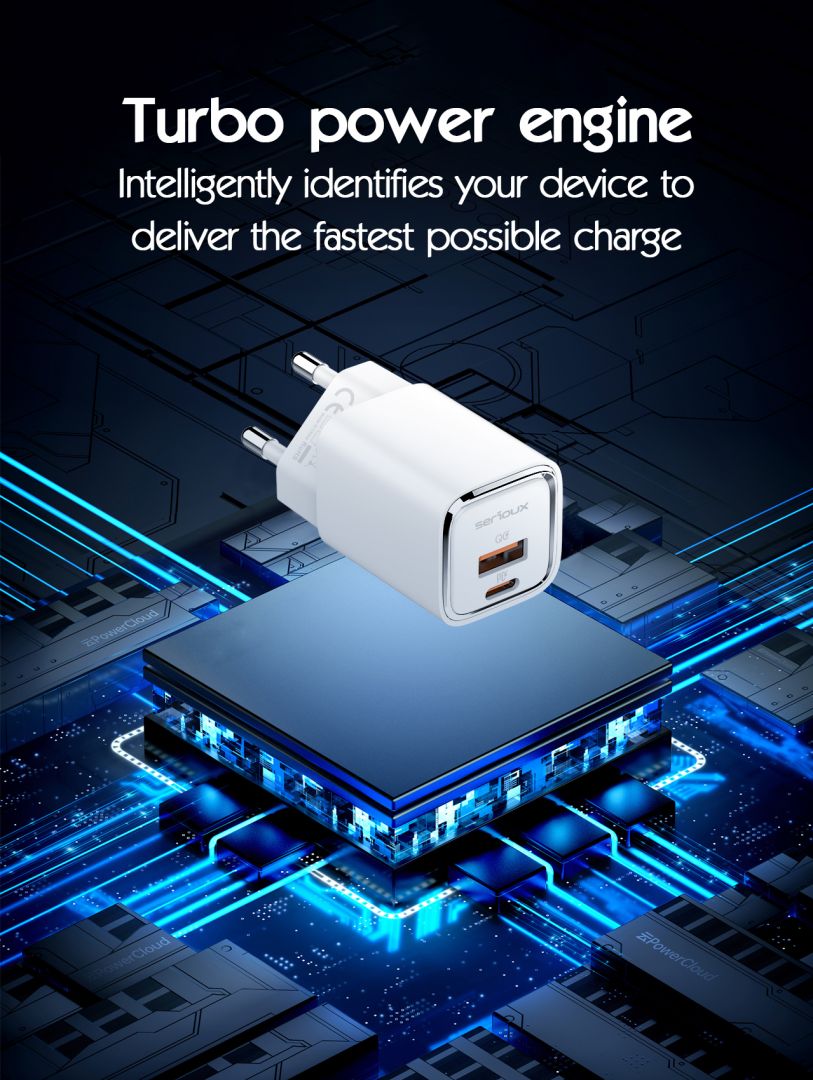 Incarcator retea Serioux,Intrare AC100-240V~ 50/60Hz 0.7A Max,PD Ieșire: 5V-3A, 9V-3A, 12V-2.5A, 15V 2A, 20V=1.5A (30W), QC Ieșire: 5V-3A, 9V-2A, 12V=1.5A (18W), PD+QC=5V=3.6A, Total: 30W Max, Cablu Type-C - Type C 1m inclus_10
