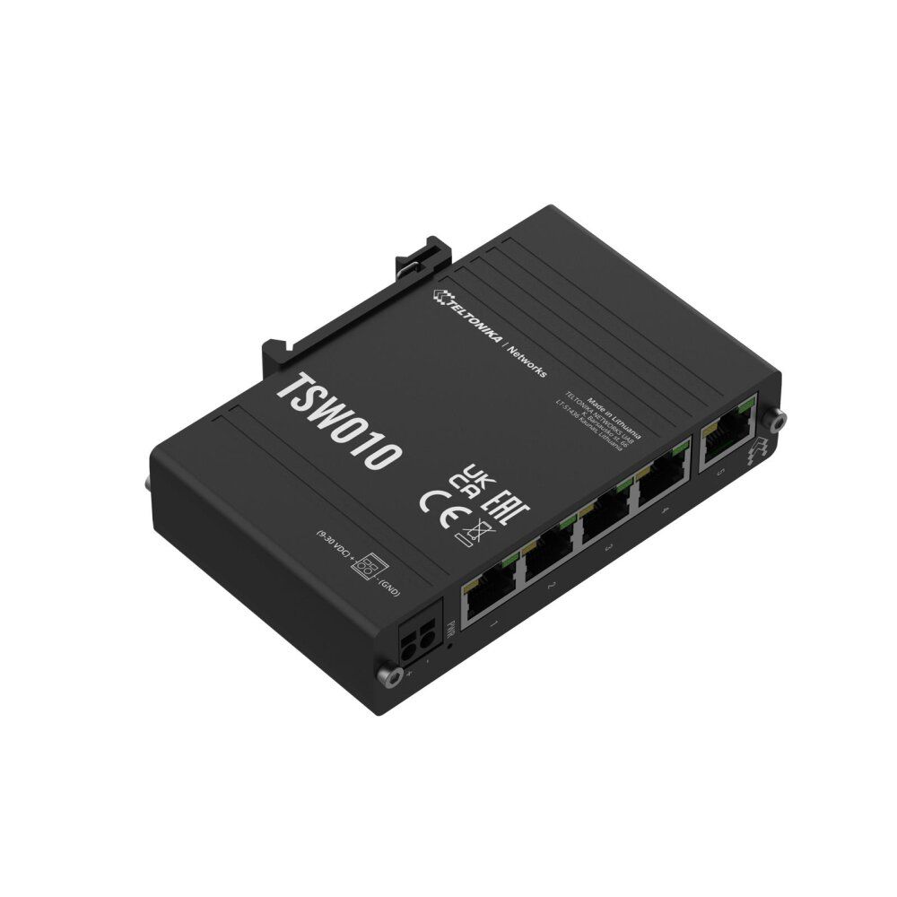 TELTONIKA INDUSTRIAL 5PORT SWITCH TSW010, Interfata: 5 x ETH port, 10/100 Mbps, supports auto MDI/MDIX crossover, Standarde retea: 802.3i, 802.3u, 802.3x, 802.3az, Latime de banda: 1 Gbps, Carcasa aluminiu, Dimensiuni: 113.1 x 27.4 x 80.5 mm, Greutate: 146.5 g, IP30_1
