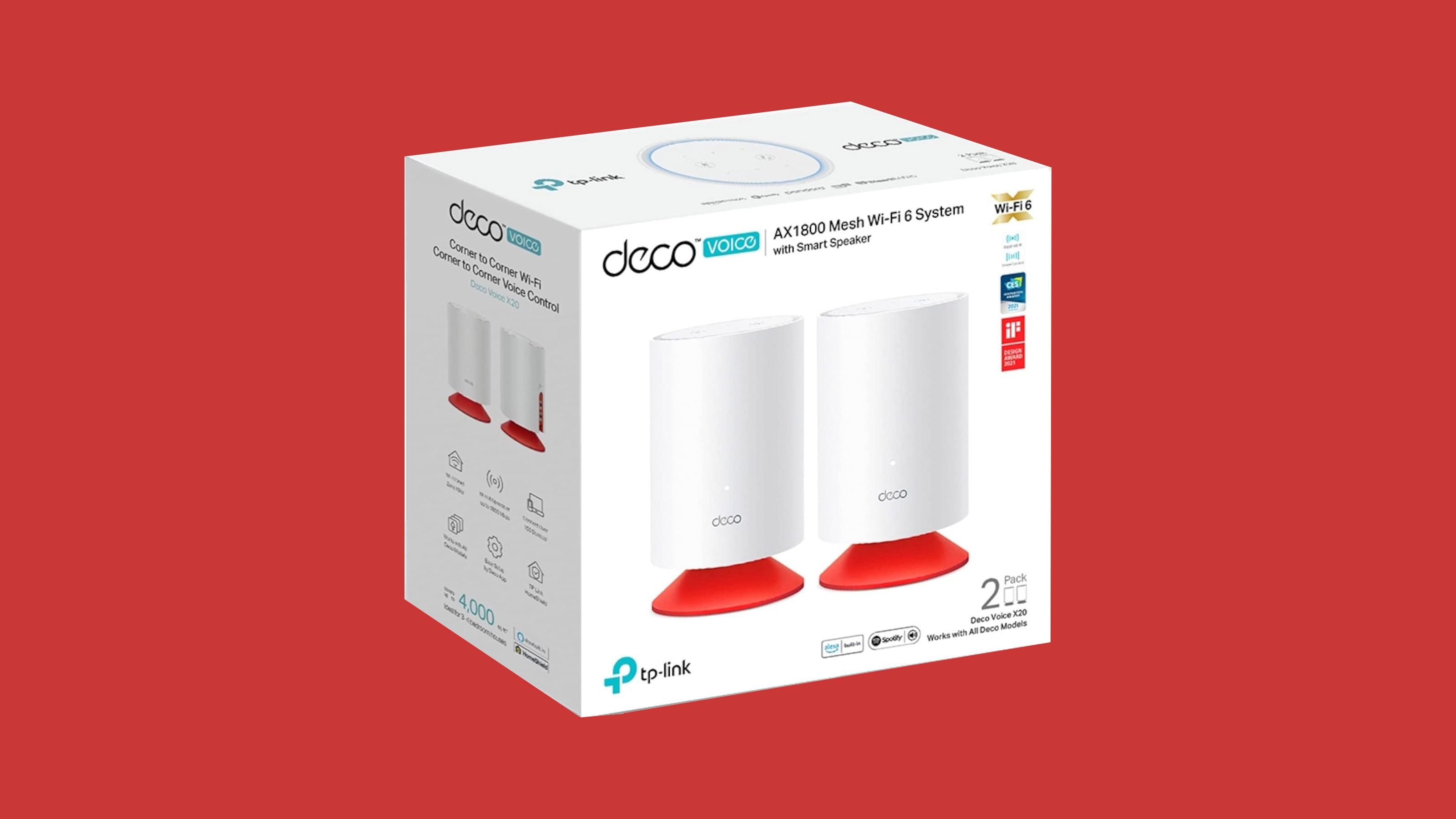 MESH TP-LINK, wireless, router AX1800, pt interior, difuzor incorporat, 1800 Mbps, port LAN, WAN, 2.4 GHz | 5 GHz, antena interna x 4, standard 802.11ax,  Deco Voice X20(2-pack)  (timbru verde 2.00 lei)