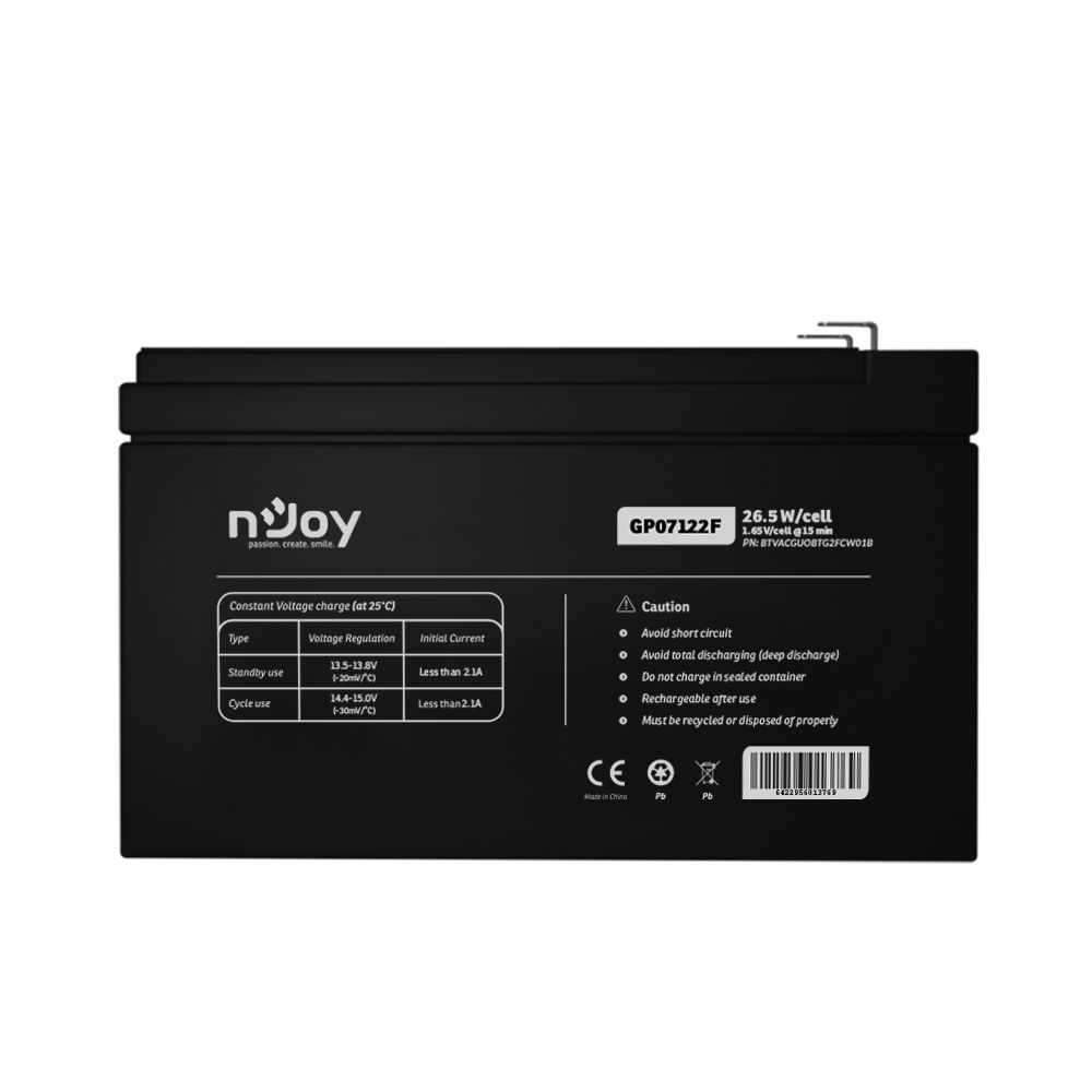 Acumulator nJoy GP07122F 12V 23.51W/cell  Battery Model GP07122F Voltage 12V Power (1,65V/cell@15 min) 23.51W/cell Type VRLA - maintanance free Designed Floating Life 3~5 years Nominal Operating Temp. Range 25o C ± 3o C Terminal F2 terminal -Faston Tab 250 Construction Container & Cover ABS Safety_1