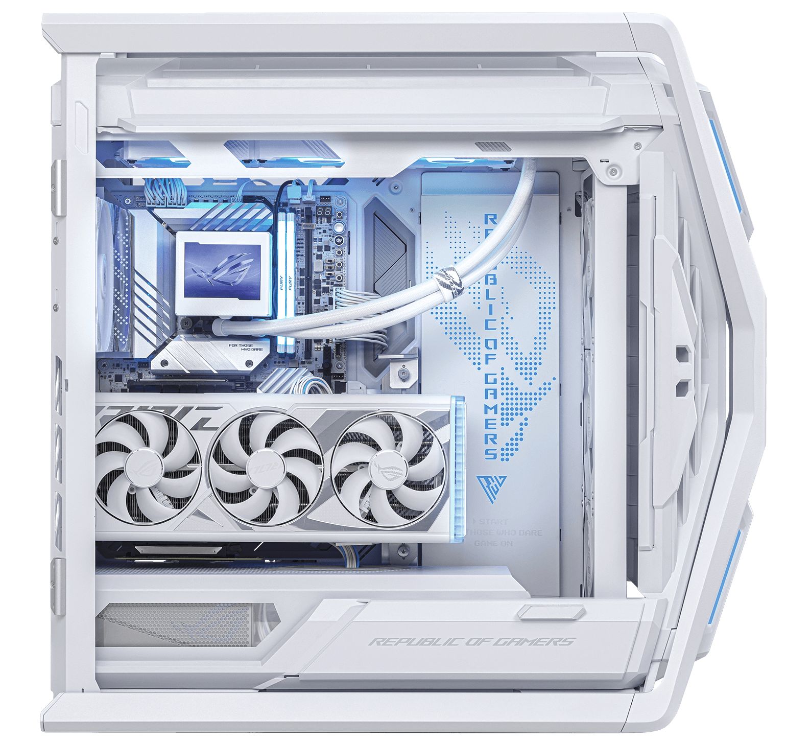 Carcasa ASUS GR701 ROG HYPERION WHITE, Expansion Slots 9, ATX
 [1 buc]Cooler procesor Thermaltake ToughLiquid 360 TRX40 ARGB 
 [1 buc]Placa de baza ASUS Pro WS TRX50-SAGE WIFI, Socket sTR5, eATX
 [1 buc]Procesor AMD Ryzen Threadripper PRO 7995WX,  96C / 192T, 2.50 - 5.10 GHz, 480 MB cache, 350 W, Tray 
 [4 buc]Memorie server Samsung 64 GB DDR5 ECC RDIMM 4800 MHz 2Rx4
 [1 buc]Sursa Seasonic PRIME PX-1600 ATX 3.0, 1600 W, ATX, 80+ Platinum, Full modulara 
 [2 buc]Placa video MSI GeFor..._1