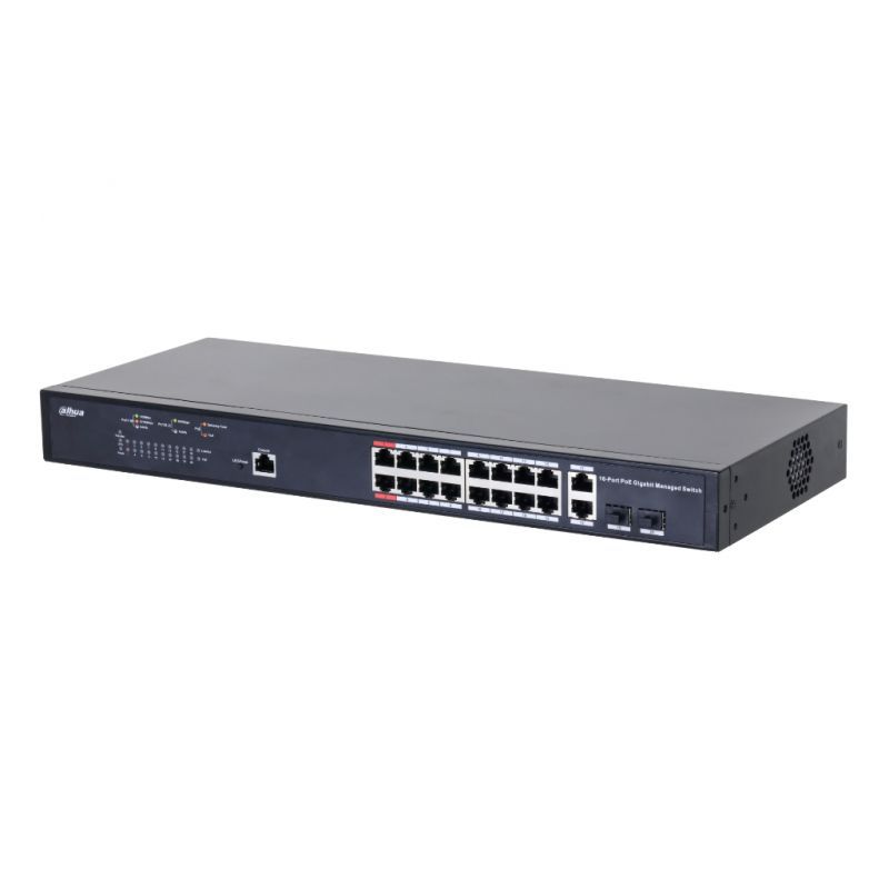 Dahua Managed Switch 18 porturi, 16 porturi POE, Gigabit, Port 1-16:16 × 10M/100M/1000MBase-T (PoE), Port 17-18:2 × 10M/100M/1000MBase-T (uplink) (combo), Port 17-18:2 × 1000M SFP (uplink)(combo), 1 × Console port, Managed L2, Capacitate switch: 56 Gbps, Packet Forwarding Rate: 29.76 Mpps_1