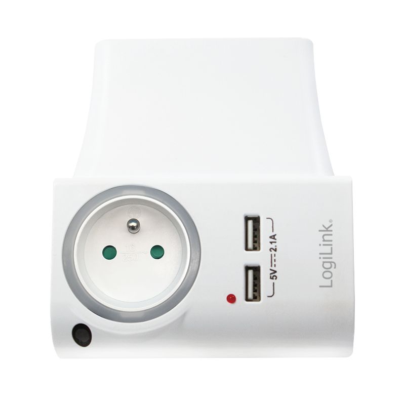 ADAPTOR LOGILINK, Socket tip E x 1, USB x 2 5V/2.1A, 230V, 50 Hz, max. 16A, IP20, suport telefon/tableta, iluminare LED, alb 