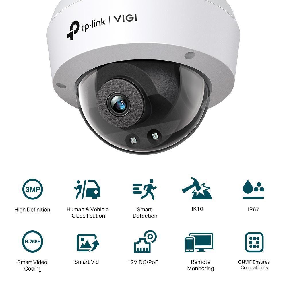 TP-Link Camera IR de supraveghere Dome pentru exterior VIGI C230I(2.8MM), Senzor imagine: CMOS 1/2.8”, Lentila 2.8mm, F2.2, Weatherproof: IP67, Infrarosu: 30m, Unghi vizualizare: 97.8°/52.9°/117.9, Detectare: 49m, Observare:20m, Recunoastere: 10m, Identificare: 5m, Rezolutie maxima: 3 MPX, 2304 ×_2