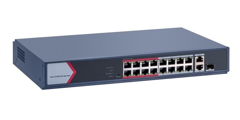 Switch PoE Hikvision DS-3E1318P-EI/M: 16 × 10/100 Mbps PoE port,1 × Gigabit combo,1 × Gigabit RJ45 port, 16 porturi PoE maxim 30W, buget PoE 130W, tensiune alimentare 100~240 V AC, 50/60 Hz, Max. 2.5 A., dimensiuni: 335.0 mm × 44.5 mm × 226.00 mm, greutate: 1.8kg._1