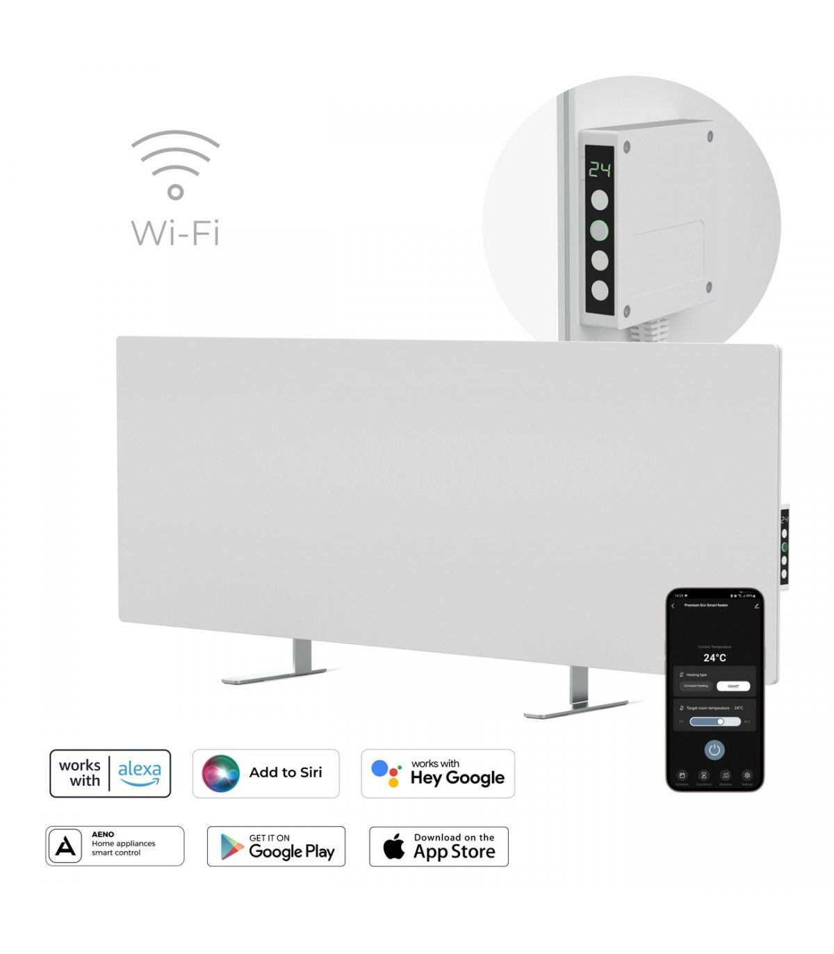 AENO Premium Eco Smart Heater, 700W, Tempered glass, Infrared+convection heating type, Led display Plug type: Europe (E/F type), WHITEManufacturer: AENO_1