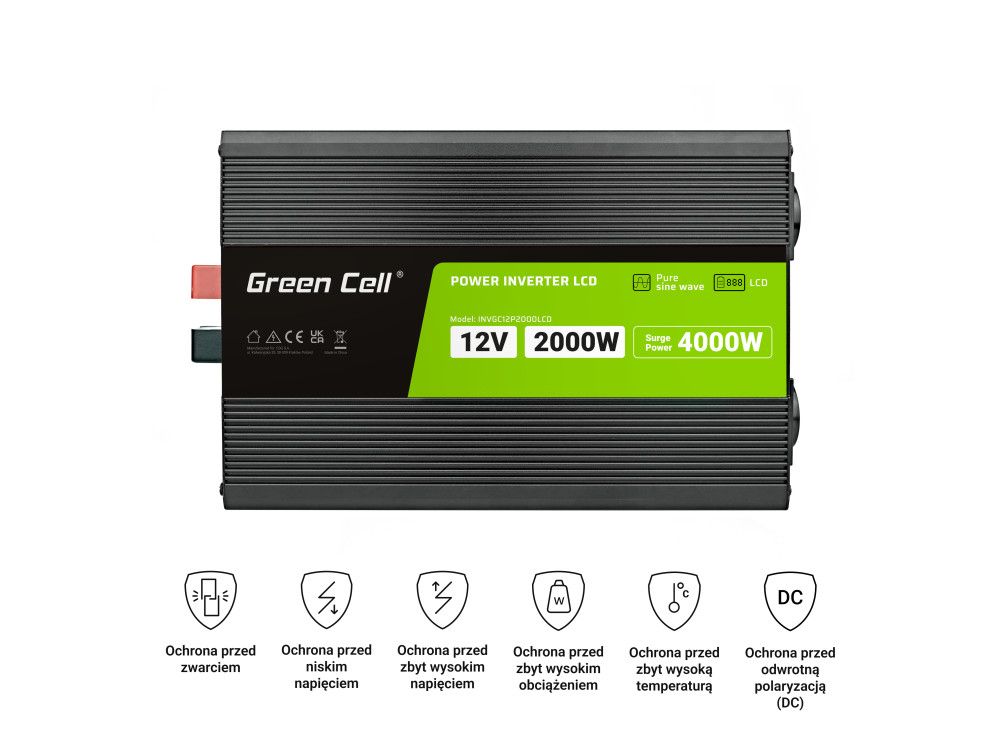 Green Cell PowerInverter LCD 12 volt 2000W/40000W car inverter with display - pure sine wave_5