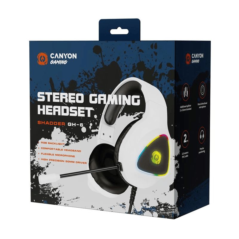 CANYON Shadder GH-6, RGB gaming headset with Microphone, Microphone frequency response: 20HZ~20KHZ, ABS+ PU leather, USB*1*3.5MM jack plug, 2.0M PVC cable, weight: 300g, White_1