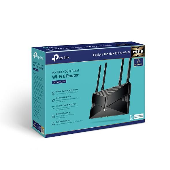 Wireless Router TP-LINK, ARCHER AX1800;WI-FI 6, Dual-Core CPU, Dual- Band, Standarde wireless: IEEE 802.11ax/ac/n/a 5 GHz, IEEE 802.11ax/n/b/g 2.4 GHz, Viteze wireless: 5 GHz: 1201 Mbps (802.11ax), 2.4 GHz: 574 Mbps (802.11ax), 4 x Antene externe, Interfata: 1× Port WAN Gigabit, 4× Porturi LAN_1