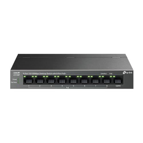 TP-lINK LS109P Switch 9 porturi 10/100Mbps, 8Porturi POE, Buget POE: 63W, AUTO Negotiation, AUTO MDI/MDIX, fara ventilator, Montaj: perete, Birou, Dimensiuni 171×98×27 mm, Switching Capacity: 1.8 Gbps, Packet Forwarding Rate: 1.3392 Mpps
