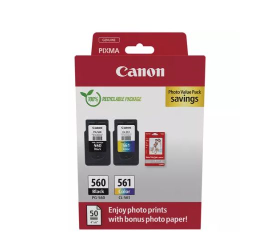 Canon pachet cartuse cearneala PG-560/CL561 PHOTO VALUE PACK, capacitate negru: 180 pagini/8.3ml, Color: 180 pagini / 7.5ml, Compatibil cu: PIXMA TS5253, PIXMA TS5350, PIXMA TS5351, PIXMA TS5352, Bonus 50 coli hartie foto 10 x 15cm._1